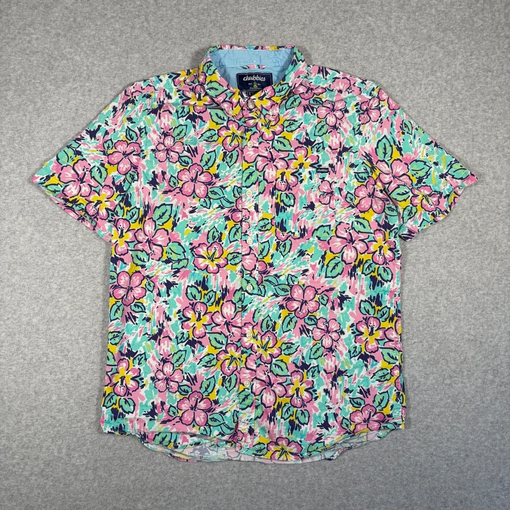 Chubbies Button Down Shirt Mens Large Multicolor Floral Short Sleeve Casual